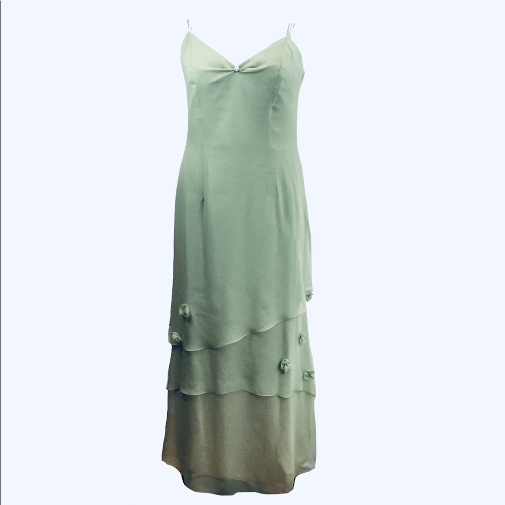 Silk chiffon asymmetrical layered x back gown